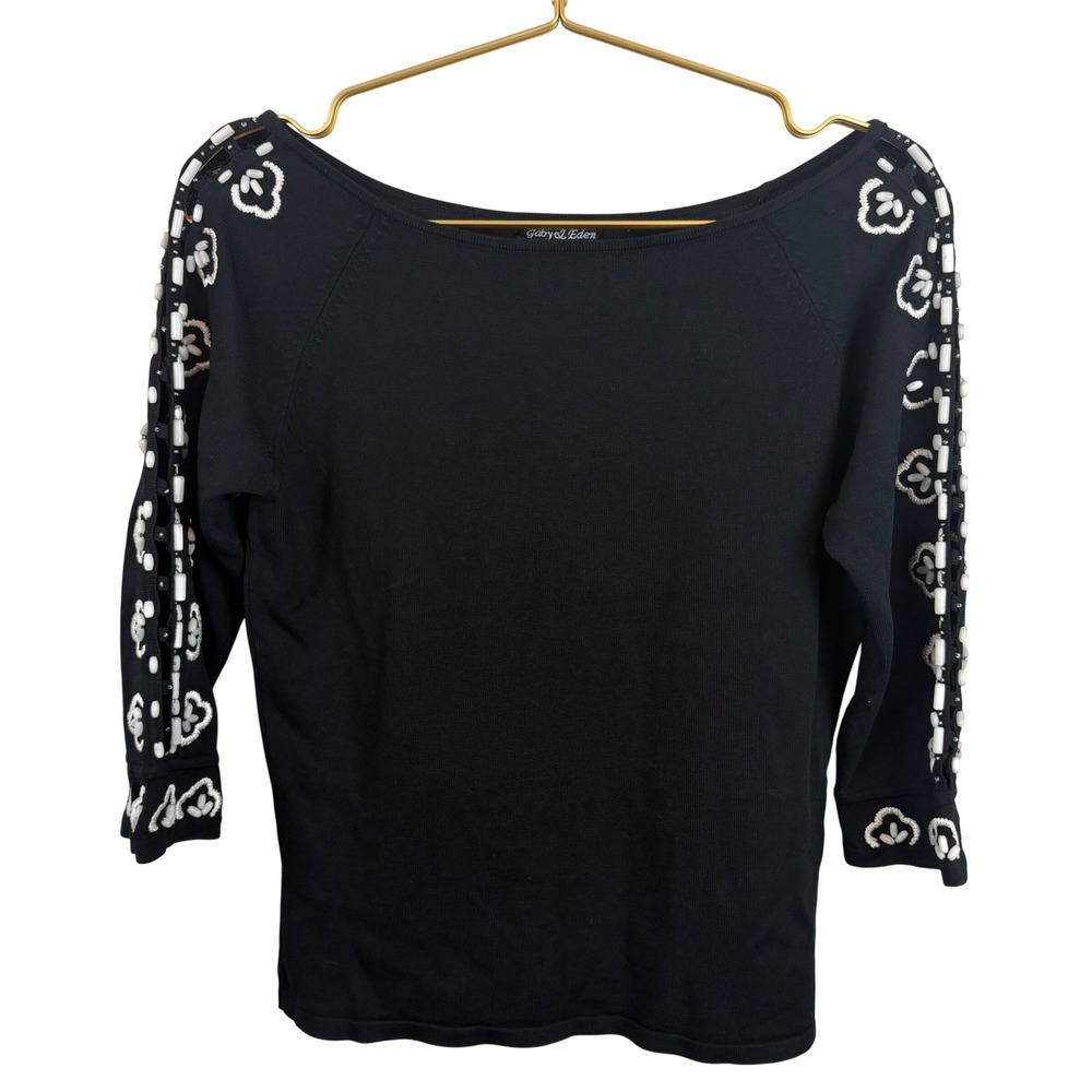 Gaby & Eden 90s Style Black Beaded Floral Embroidered Knit Top Boat Neck Boho M